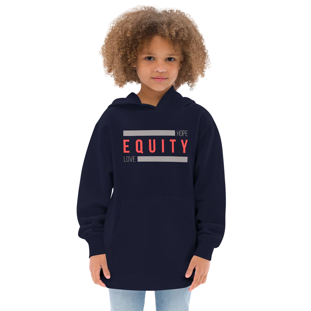 Child wears black hoodie which says Equity